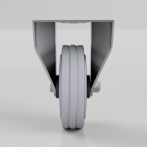 Industrial caster wheel with metal mounting bracket and grey polyurethane wheel, viewed head-on.