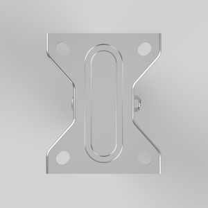 Silver metal mounting bracket with a central elongated slot and four corner holes; ready for fastening.