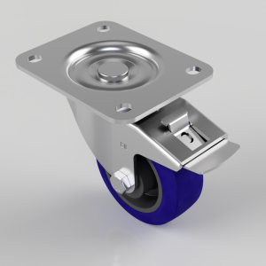 Swivel caster wheel with a blue tire and a four-hole metal mounting plate, featuring a brake lever.