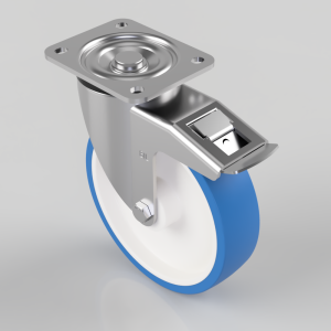 Soft Blue Polyurethane Nylon Plate Swivel Braked Castor 200mm 700kg Load