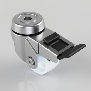 Swivel caster wheel with metal housing and a top-mounted braking lever.