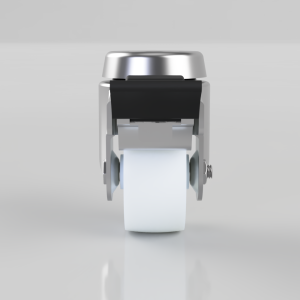 Front view of a compact silver and black tape dispenser with a white tape roll ready to dispense.