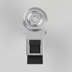 Front view of a silver metal device featuring a large circular dial on top and a black strap below.