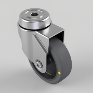 Swivel caster wheel with a metal mounting bracket and a gray polyurethane wheel, small yellow dot on the wheel.