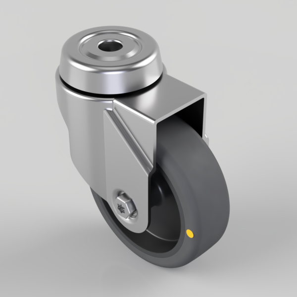 Swivel caster wheel with a metal mounting bracket and a gray polyurethane wheel, small yellow dot on the wheel.