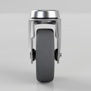 Front view of a chrome, single-wheel caster with a thick grey rubber tire and metal housing.