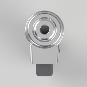 Close-up of a shiny silver circular dial with concentric rings and a central black knob, mounted on a metal bracket with a gray strap beneath.