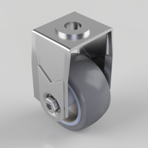 Swivel caster with gray rubber wheel and metal housing mounted to a square bracket.