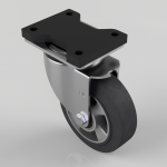 Industrial swivel caster with a top mounting plate, gray metal housing, and a black polyurethane wheel.