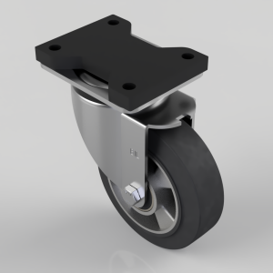Industrial swivel caster with a top mounting plate, gray metal housing, and a black polyurethane wheel.