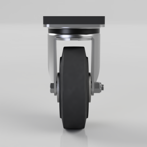 Front view of a caster wheel with a black tire and metal bracket on a gray background, showing mounting bolts on both sides.
