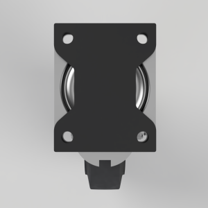 Caster wheel assembly with a dark rectangular bracket and mounting holes, viewed from the front.