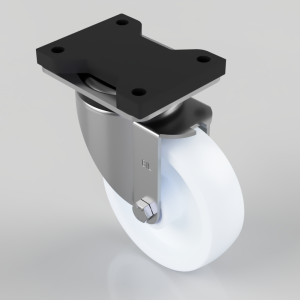 Swivel caster wheel with a flat black mounting plate and white polyurethane wheel on a metal bracket (industrial caster).