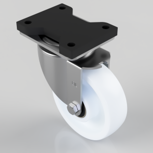 Swivel caster with a white polyurethane wheel mounted to a four-hole black mounting plate (industrial caster).