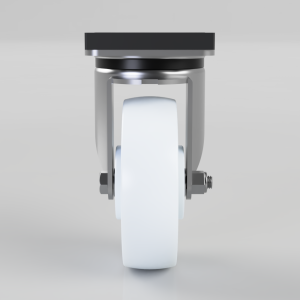Front-facing view of a single white caster wheel with metal yoke, bolts on either side, and a dark top mount.