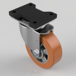 Swivel caster with orange polyurethane wheel and metal mounting plate with four holes (industrial caster)