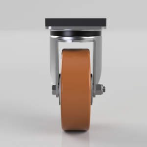 Front view of an orange polyurethane caster wheel with a metal frame and black mounting plate.