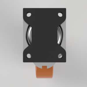 3D render of a bearing in a dark mounting plate with an orange connector extending downward, viewed head-on from above.