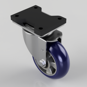 Swivel caster wheel with blue polyurethane tire and metal mounting plate with four mounting holes.