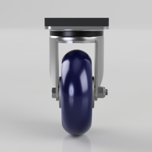 Front-facing swivel caster wheel with a blue wheel and gray metal mounting frame, shown against a light gray background.