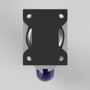Top-down view of a metal mounting plate with a recessed bearing and a blue cylindrical knob below, four screw holes in corners.