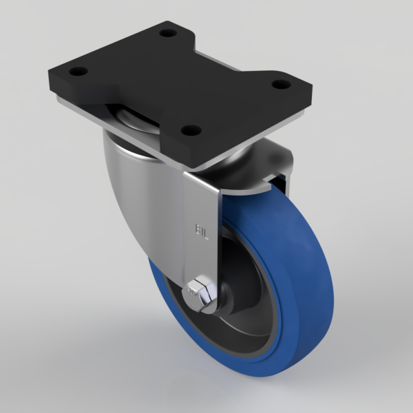 Swivel caster wheel with blue polyurethane tire and metal mounting plate for carts or equipment.