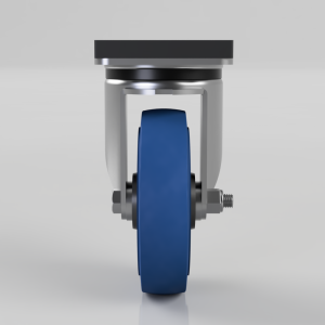 Front view of an industrial caster wheel with a blue tire and metal mounting frame