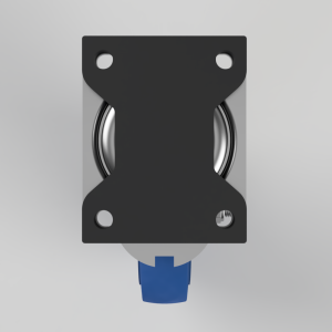 Top-down view of a metal bearing housing with a black mounting plate and a blue adjustment knob at the bottom, holes at the corners visible in the plate.