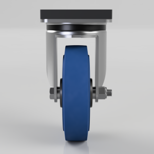 Front view of a blue caster wheel with metal housing and mounting bolts on a reflective surface