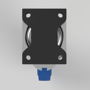 Top-down view of a square metal mounting plate with a circular bearing visible and a blue plastic connector at the bottom.