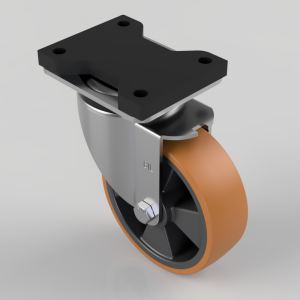 Swivel caster with orange polyurethane wheel and silver metal housing, mounted to a top plate at the top of the image.