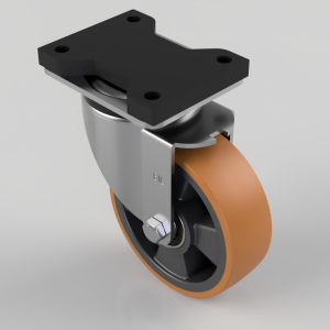 Swivel caster with orange polyurethane wheel and metal mounting plate