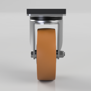 Front view of a single industrial caster wheel with brown tread and metal mounting bracket.