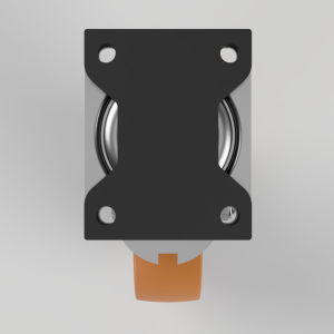 Metal mounting plate with a circular bearing visible through cutouts and an orange connector at the bottom, viewed from above.