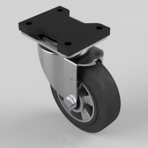 Swivel caster wheel with black rubber tire and metal mounting plate on a light background.