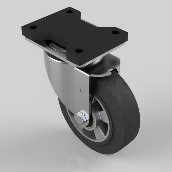 Swivel caster wheel with black rubber tire and metal mounting plate on a light background.