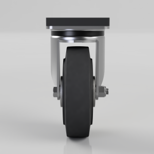 Front view of a heavy-duty caster wheel with a black rubber tire and metal mounting bracket on a light gray background.