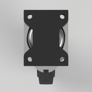 Top-down view of a swivel caster wheel with a dark rectangular mounting plate (four screw holes) and a visible wheel beneath.