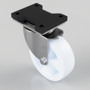 Swivel caster wheel with a four-hole mounting plate for attaching to equipment or furniture, white wheel and metal housing