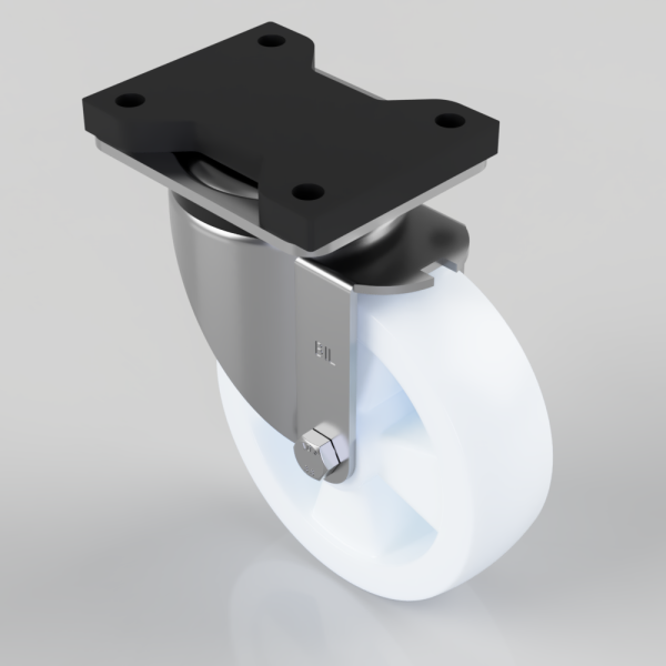 Swivel caster wheel with a four-hole mounting plate for attaching to equipment or furniture, white wheel and metal housing
