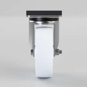 Front view of a gray caster wheel with a black mounting plate on top.
