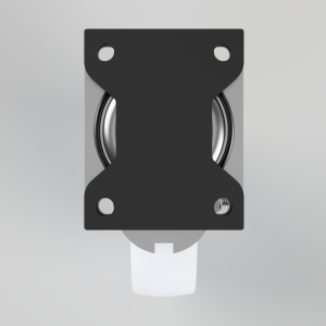 Top view of a black rectangular mounting plate over a metal roller assembly with a white plastic spacer beneath.