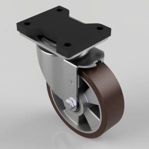 Swivel caster with a four-bolt mounting plate and brown polyurethane wheel