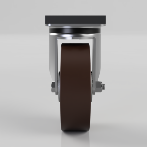 Front view of a heavy-duty caster wheel with a brown wheel and gray metal bracket topped by a black mounting plate