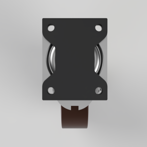 Inline roller pulley mounted on a rectangular black bracket with four mounting holes and a brown strap behind it.