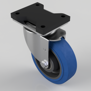 Swivel caster with blue polyurethane wheel and a four-hole mounting plate on top.
