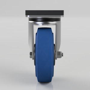 Front view of a blue caster wheel mounted on a metal bracket with bolts on the sides.