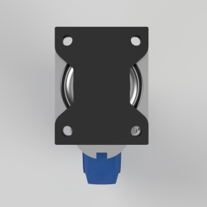 Top-down view of a metal mounting plate with four mounting holes and a blue plastic handle beneath.