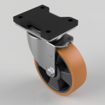 Swivel caster with orange polyurethane wheel and gray metal housing, mounted to a four-hole plate for attachment.