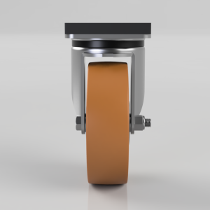 Front view of a metal caster wheel with an orange polyurethane tire on a gray background (industrial furniture caster).